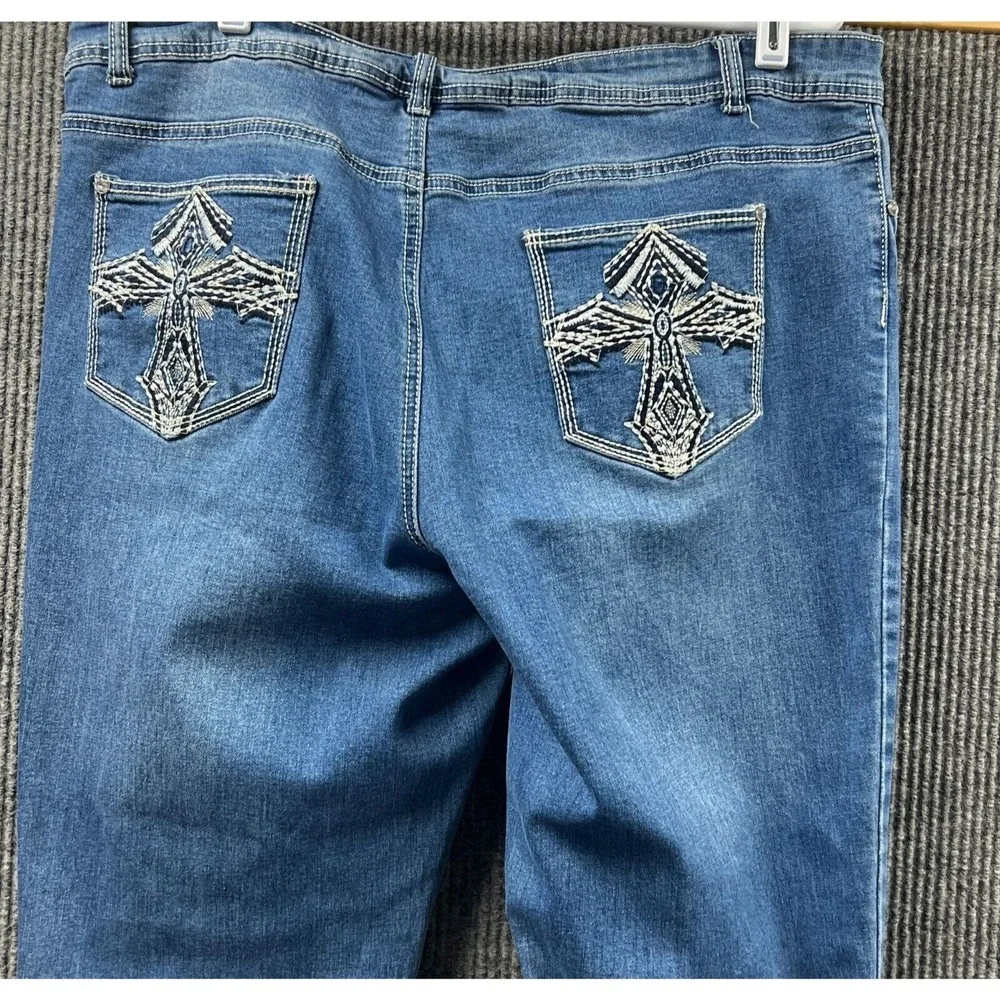 Elite Bootcut Denim Jeans Womens 19/20 Blue Distressed Stretch‎ Pant Embroidered